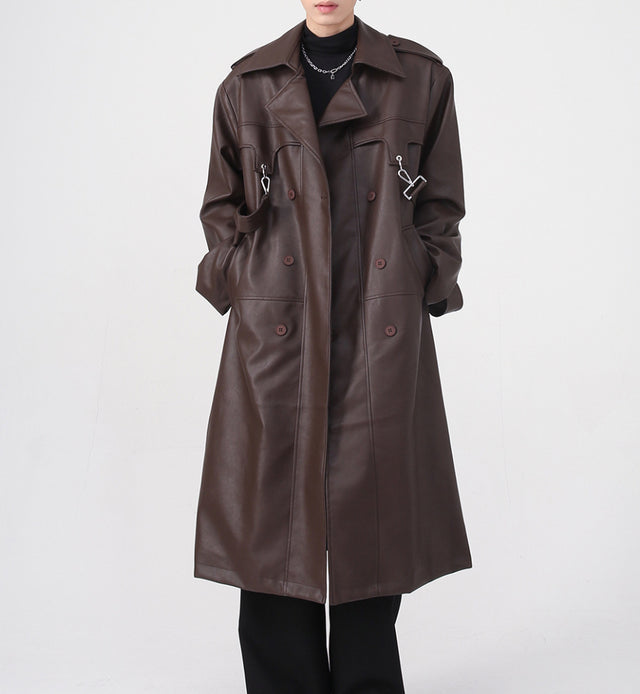 Brown Neo Leather Trench Coat