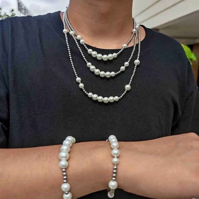 STEEL PEARL BRACELET AND NECKLACE