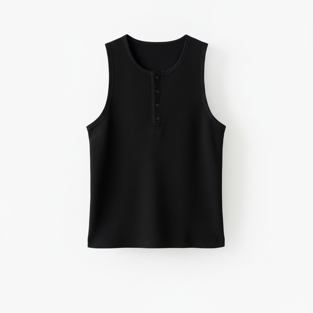Floating black ribbed tank top on white backdrop