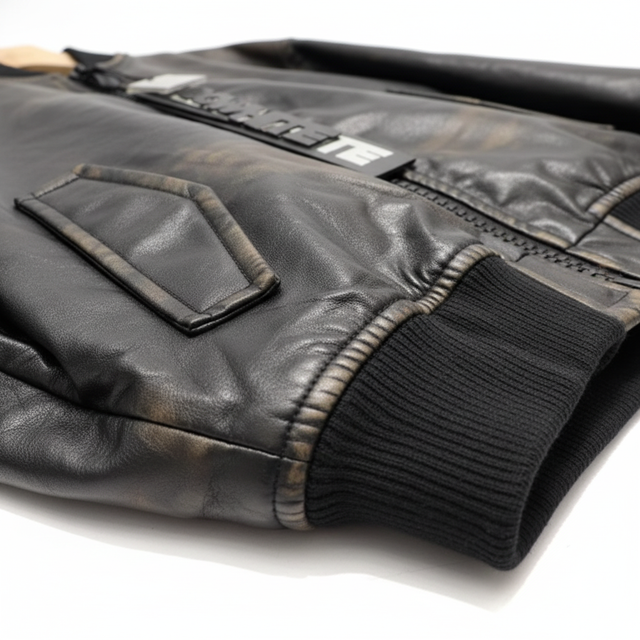 Professional close-up detail shot of black leather bomber jacket
