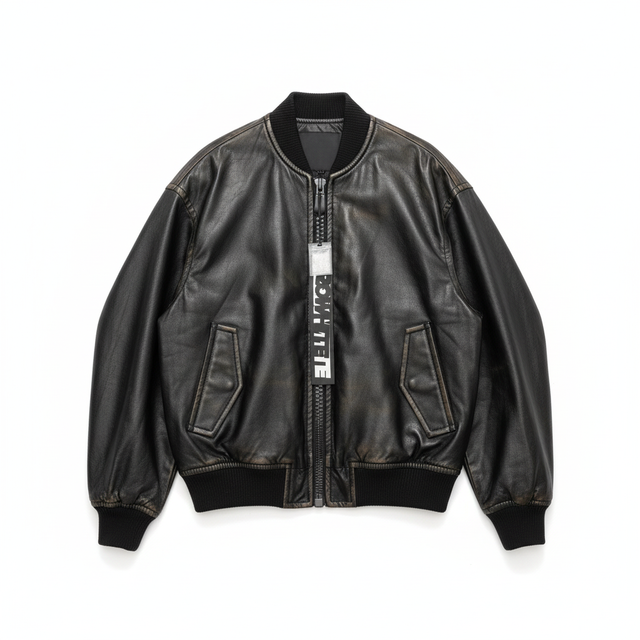 Professional e-commerce hero shot of black leather bomber jacket