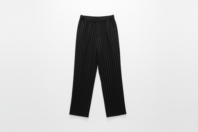 Professional e-commerce hero shot of black pinstripe trousers