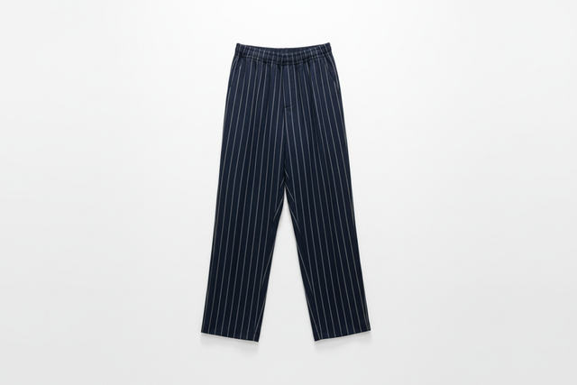 Professional e-commerce hero shot of navy pinstripe trousers