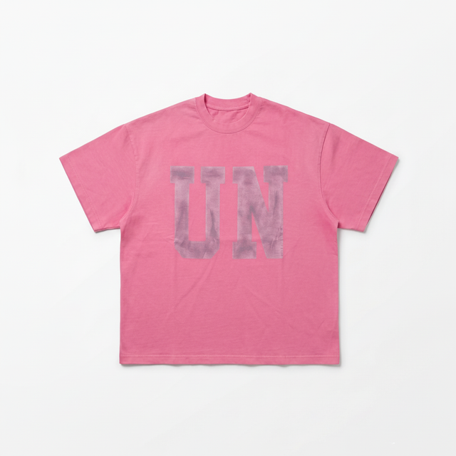 Professional e-commerce hero shot of pink UN t-shirt