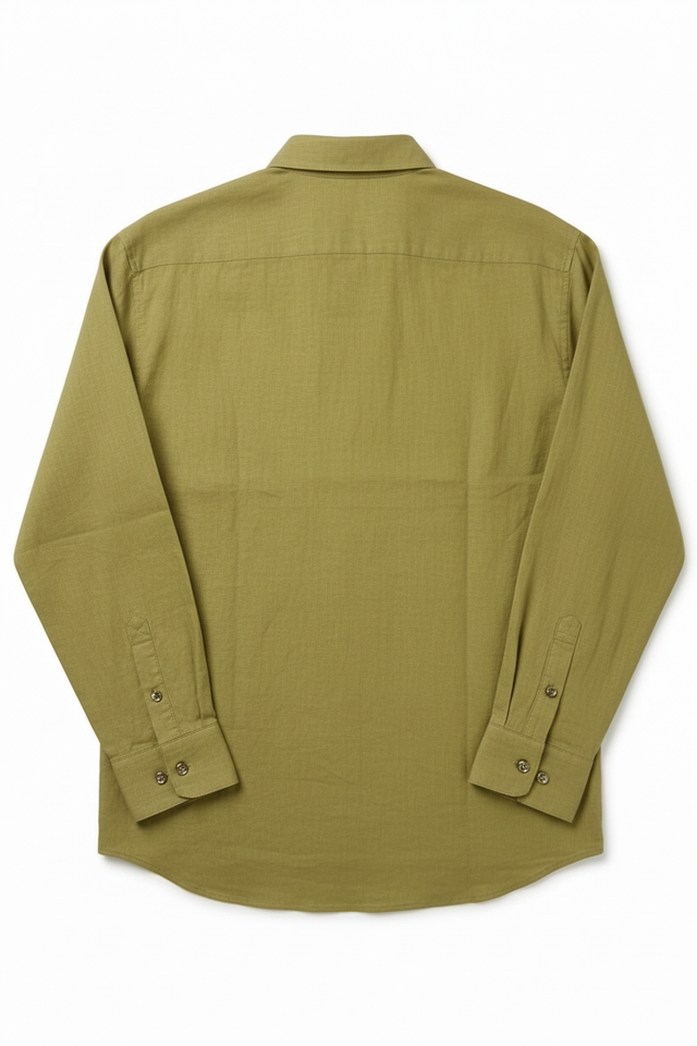 Wrinkle-free olive-green shirt back view