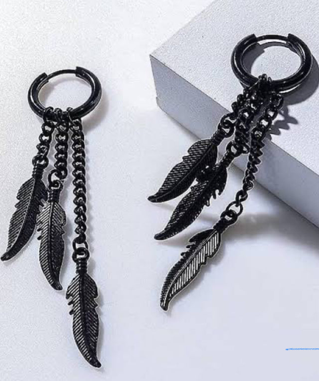 TRIO FEATHER CHAIN EARRING (BLACK)