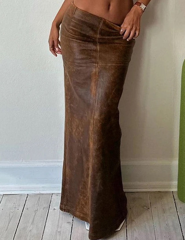 Khaki Leather Long Skirt