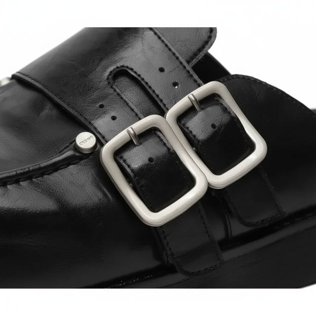 Black Leather Double-Buckle Mule - Buckle Detail
