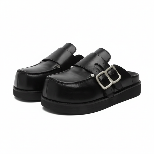 Black Leather Double-Buckle Mule - Pair