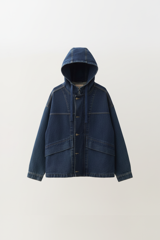Dark indigo blue denim hooded jacket