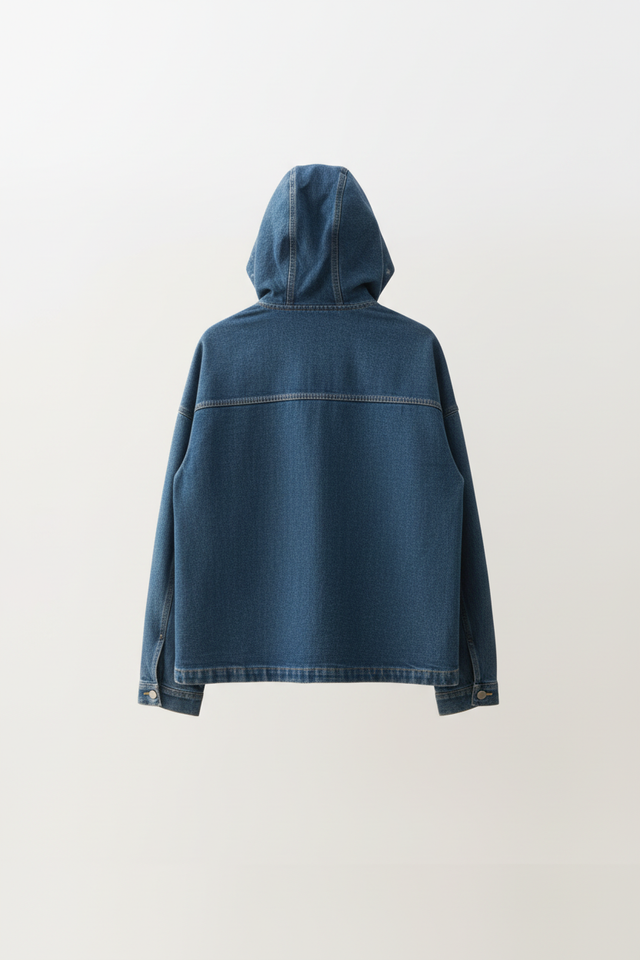 Dark indigo blue denim jacket - back view