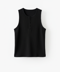 Floating black ribbed tank top on white backdrop