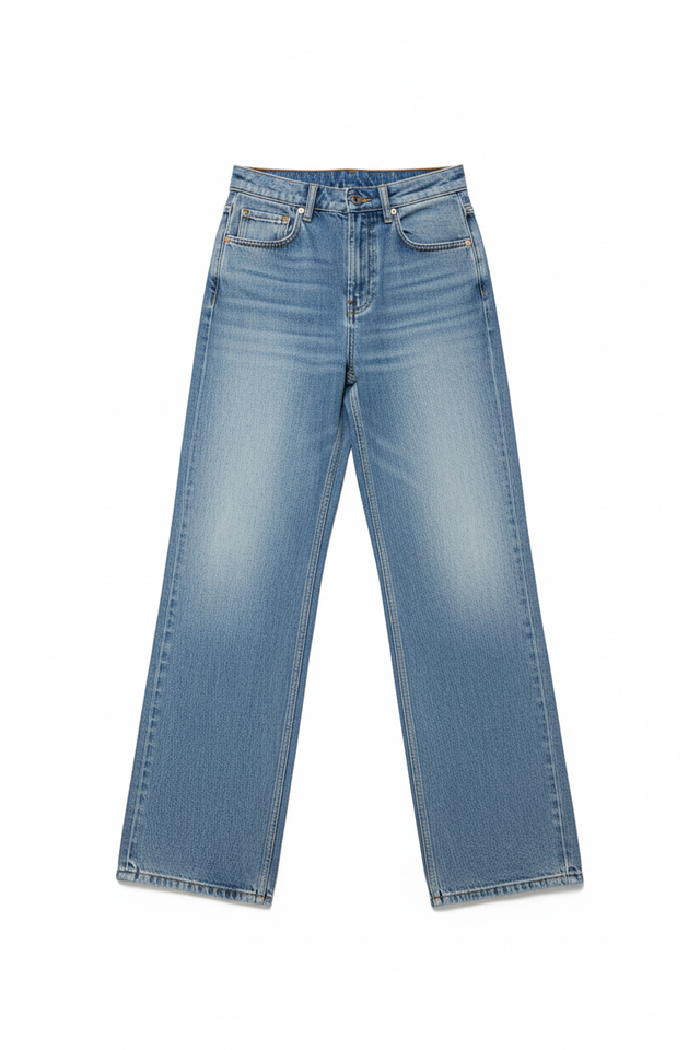 Full-length professional e-commerce shot of blue denim jeans