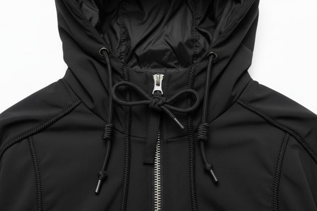 Hood construction and drawstring detail