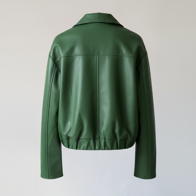 Professional back view of green leather jacket