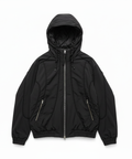 Professional e-commerce hero shot of black hooded jacket without tags