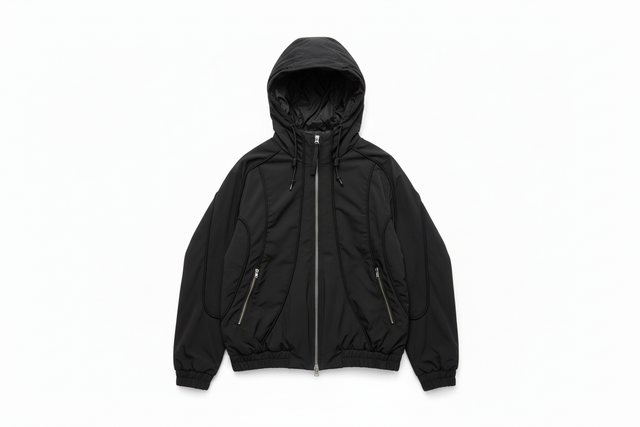 Professional e-commerce hero shot of black hooded jacket without tags