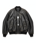 Professional e-commerce hero shot of black leather bomber jacket