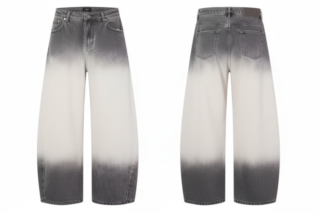 Professional e-commerce hero shot of gradient ombre denim jeans