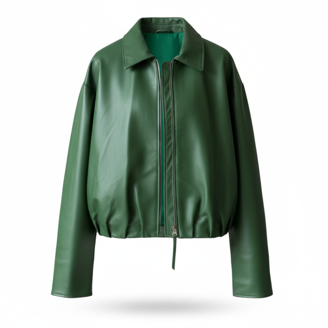 Professional e-commerce hero shot of green leather jacket